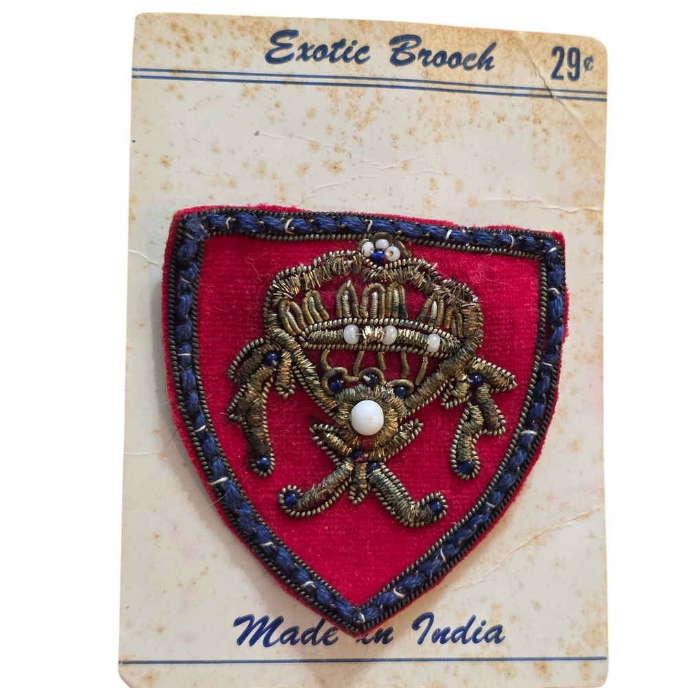 Vintage Gold Bullion Military Coat of Arms Crest Brooch Hand Made Red 1950s